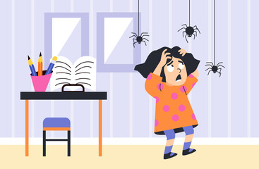 Girl is afraid of spiders, cute child screams of fear, flat vector illustration.