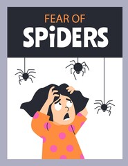 Vertical banner with little girl scared of hanging from the top spiders flat style