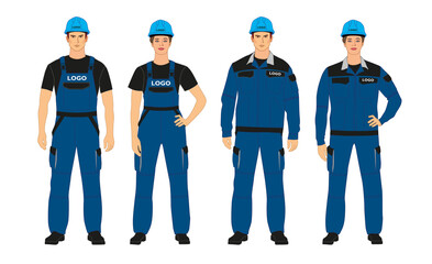 A set of branded overalls. Man and woman in branded work clothes. Helmets and overalls. Blue and black colors