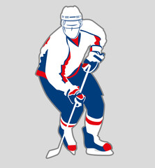 Hockey player, full-length figure. Vector graphics. Blue and red colors