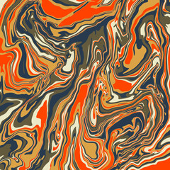 Fluid art texture. Abstract background with swirling paint effect.  Liquid acrylic picture that flows and splashes. Mixed paints for interior poster. orange and brown iridescent colors.