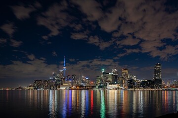 Toronto s skyline at dusk as seen from Polson Pier