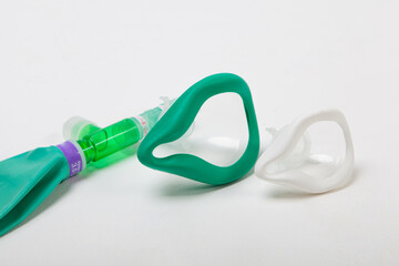 Mask with bag valve for lung inhalation. medical breathing mask set.