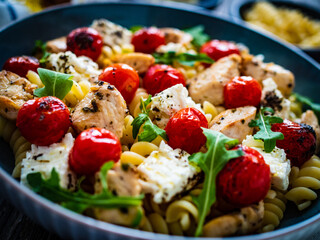 Roasted chicken nuggets, cherry tomatoes, feta cheese and fusilli  served on wooden table
