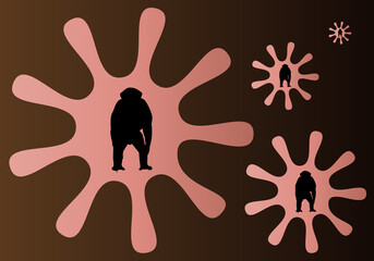 Viruela del mono. Silueta negra de un mono dentro de la silueta de un virus en tono piel