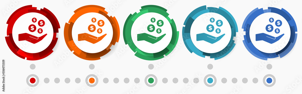 Poster bank, money, business concept vector icon set, modern design abstract web buttons in 5 color options