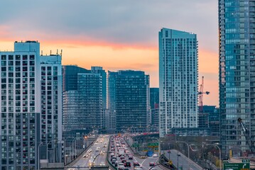 The gardiner expressway and its busy traffic in Toronto, Ontario, Canada