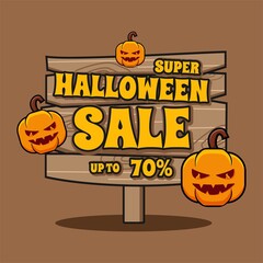Halloween sign sale promotion with pumpkins template banner design vector