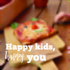 mini pizza blur for kids, Italian restaurant, Kids menu, Party Invitation vouczer Template Design, eating pizza in Cafe, pizzeria, Pizza Flyer. Gift Voucher Template.