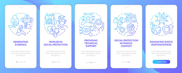 Naklejka premium Social protection activities blue gradient onboarding mobile app screen. Walkthrough 5 steps graphic instructions pages with linear concepts. UI, UX, GUI template. Myriad Pro-Bold, Regular fonts used
