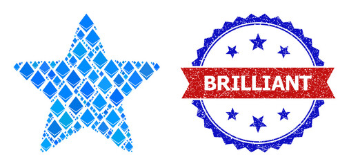 Blue ethereum mosaic red star icon, and bicolor scratched Brilliant stamp. Ethereum related elements are grouped into abstract mosaic red star icon.