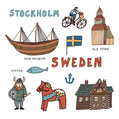 Sweden Stockholm vector architecture, landmark objects illustrations set