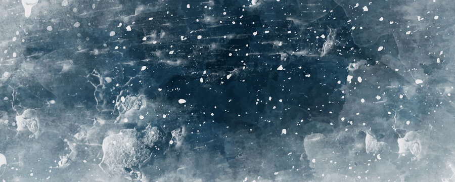 Vector hand drawn blue Christmas background with snow. Snowfall patterns on the window. Snowflakes. Vector texture for flyer, poster, banner. Merry Christmas. Winter. Cold. Snow.