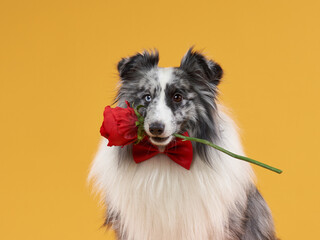 dog on a yellow background. pet's birthday. Marbled Sheltie holding a flower in his mouth 