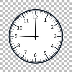 Classic wall clock template. A simple black and white dial with arrows on a transparent background. Vector image.
