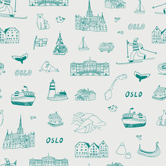 Fototapeta na wymiar Norway Oslo seamless pattern with architecture objects, travel illustrations set 