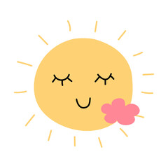 Cartoon sun with happy face. Funny sky character and cloud. Yellow star with heating sunbeams. Sunny weather. Meteorology forecast. Doodle summer cloudscape. Vector smiling heaven element