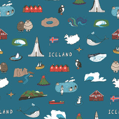 Obraz premium Iceland, Reykjavik architecture objects, travel vector seamless patten