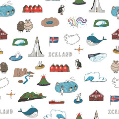 Iceland, Reykjavik architecture objects, travel vector seamless patten