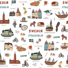 Sweden Stockholm vector architecture, landmark objects illustrations set