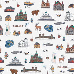 Finland Helsinki architecture objects, travel vector seamless pattern