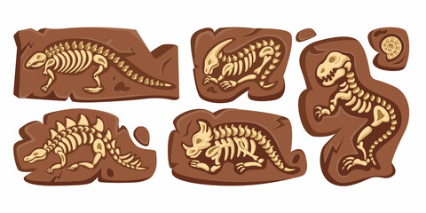 Dinosaur fossil. Paleontology or archeology stone with Jurassic dino skeleton for museum background. Prehistoric fauna. Ancient lizard bones in ground. Vector cartoon illustration set