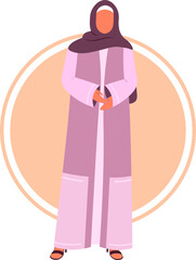 Arabic young woman in hijab, Muslim girl in fashion traditional dress pink abaya from UAE or Saudi Arabia posing, islamic model vector illustration