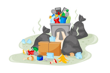 Garbage dump. Paper or plastic, metal and glass environmental waste. Unsorted rubbish. Stinking trash bags and dustbins. Disposal containers and litter heaps. Vector ecology background