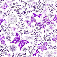 Seamless bicolor floral pattern with flowers, openwork butterflies and dragonflies on a transparent background. Vector eps 10