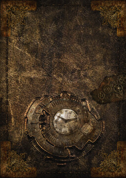 Steampunk Hintergrundbild altes Lederbuch mit ungew�hnlicher Uhr