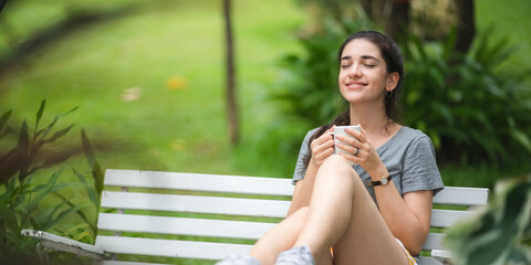 young beautiful woman person are happy and enjoy with coffee drink in the morning at home, relax...
