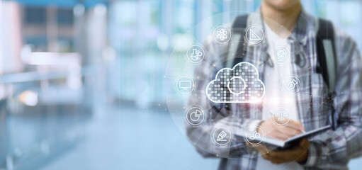 A student on a screen synchronizes with a cloud of data subjects training.