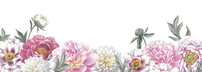 Fototapeta premium Colored pencil border with peonies on white background. Floral vintage arrangement. Hand drawn botanical illustration for greeting cards, wedding invitation cards and summer backgrounds. 