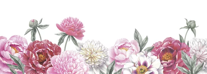 Foto op Canvas Colored pencil border with peonies on white background. Floral vintage arrangement. Hand drawn botanical illustration for greeting cards, wedding invitation cards and summer backgrounds.  © Anna Sm