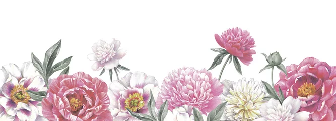 Fotobehang Tropische Bladeren Colored pencil border with peonies on white background. Floral vintage arrangement. Hand drawn botanical illustration for greeting cards, wedding invitation cards and summer backgrounds.   © Anna Sm