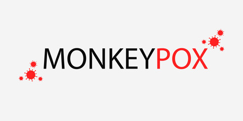 Naklejka na ściany i meble Banner with white background and text in black and red Monkeypox and with a small red virus icon. The concept of a new monkey pox virus. illustration.