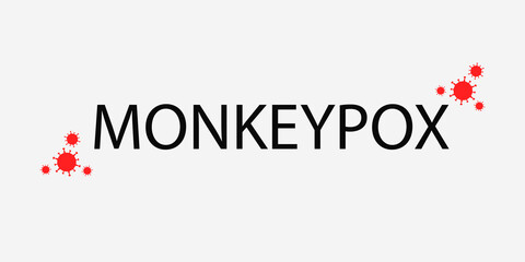 Fototapeta na wymiar Banner with white background and text in black Monkeypox and with a small red virus icon. The concept of a new monkey pox virus. illustration.
