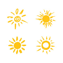 Set of painted yellow suns. Solar symbols set. Vector sun illustrated
