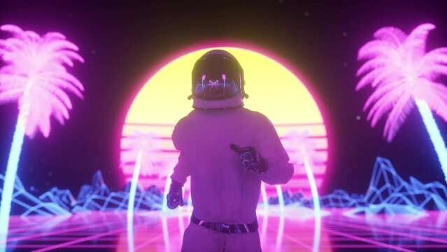Astronaut runs surrounded by flashing neon lights. Retro 80s style synthwave background
