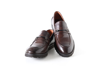 Classic modern male brown leather shoes isolated on white background.