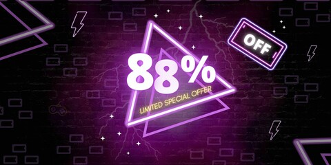 Obraz premium 88% off limited special offer. Banner with eighty eight percent discount on a black background with purple triangles neon