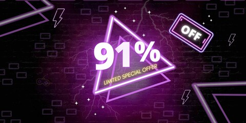 91% off limited special offer. Banner with ninety one percent discount on a black background with purple triangles neon