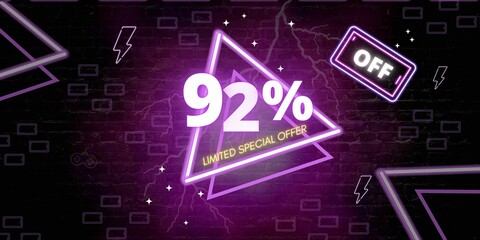 92% off limited special offer. Banner with ninety two percent discount on a black background with purple triangles neon