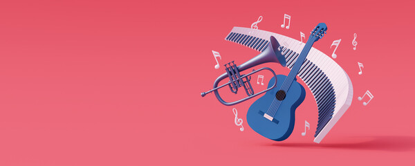 Musical instruments with flying music notes isolated on pink background 3d render 3d illustration - obrazy, fototapety, plakaty