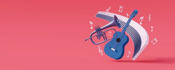 Rolgordijnen Musical instruments with flying music notes isolated on pink background 3d render 3d illustration © brankospejs