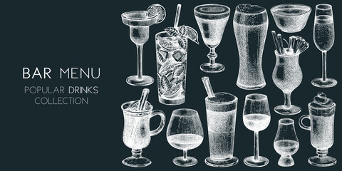 Hand-sketched drinks banner design. Vector sketches of popular beverages in elegant glasses. Popular drinks vintage hand-drawings. Bar or restaurant menu template isolated on chalkboard