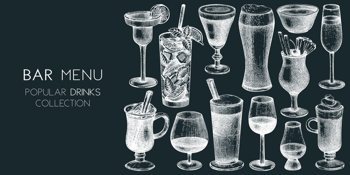 Hand-sketched drinks banner design. Vector sketches of popular beverages in elegant glasses. Popular drinks vintage hand-drawings. Bar or restaurant menu template isolated on chalkboard
