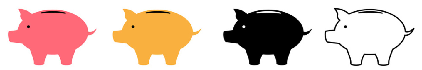 Piggy bank icon set. Cute pig shaped money box with its falling coin. Symbol of money saving or deposit. Straight up tailed baby pig moneybox image jpeg icons illustration