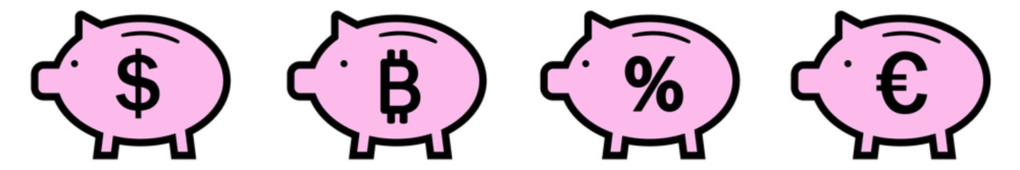 Piggy bank icon set. Cute pig shaped money box with its falling coin. Symbol of money saving or deposit. Straight up tailed baby pig moneybox image jpeg icons illustration