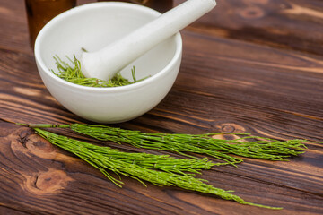 Fresh horsetail in a pharmacy mortar with a pestle on a wooden table. Collection of medicinal herbs...